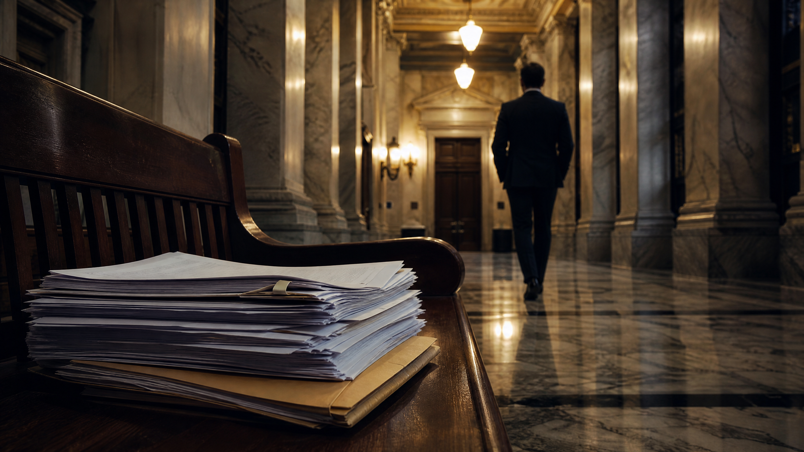 Courthouse hallway with legal documents on bench