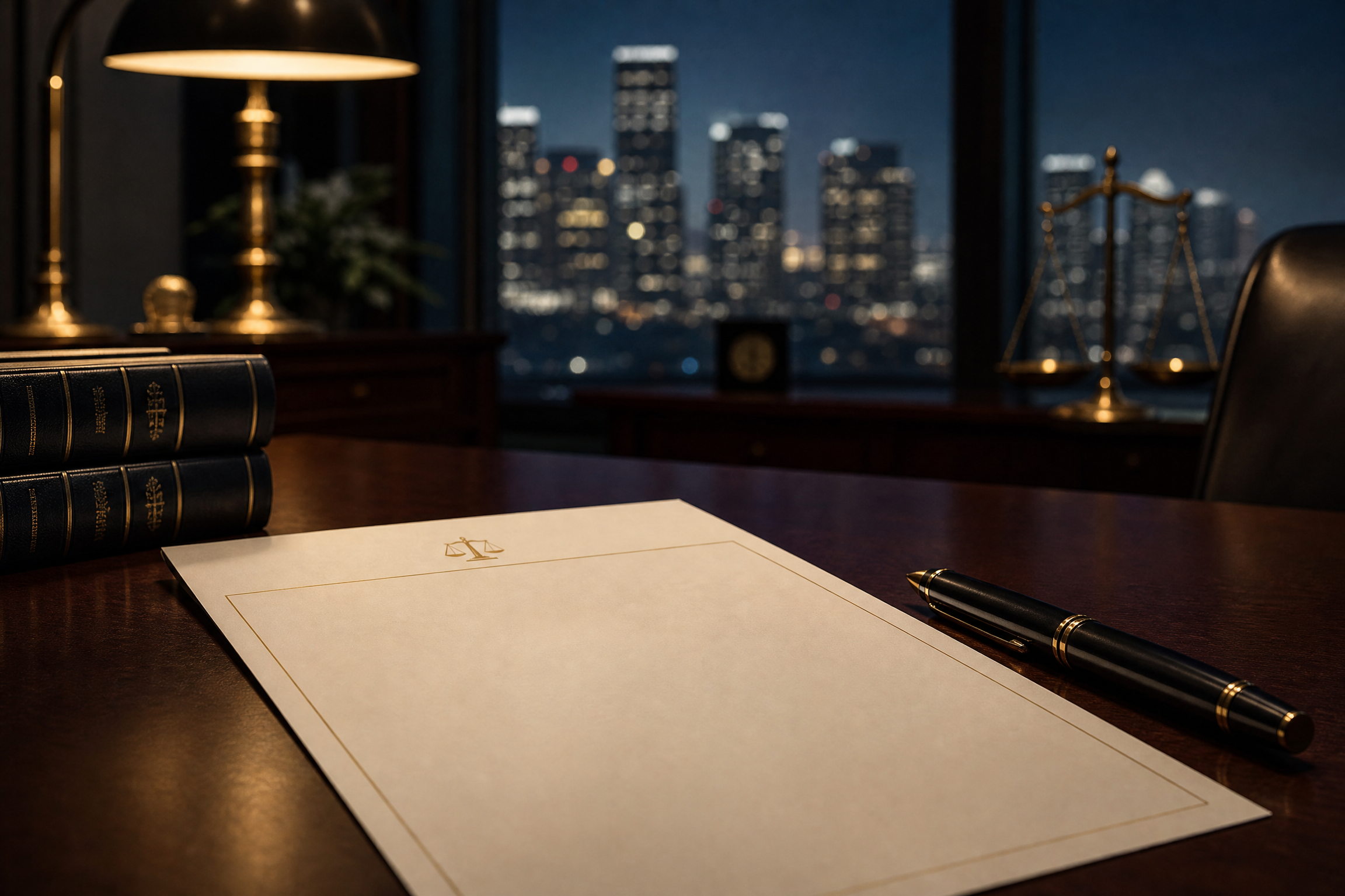 Demand letter on attorney desk with Los Angeles city skyline at night