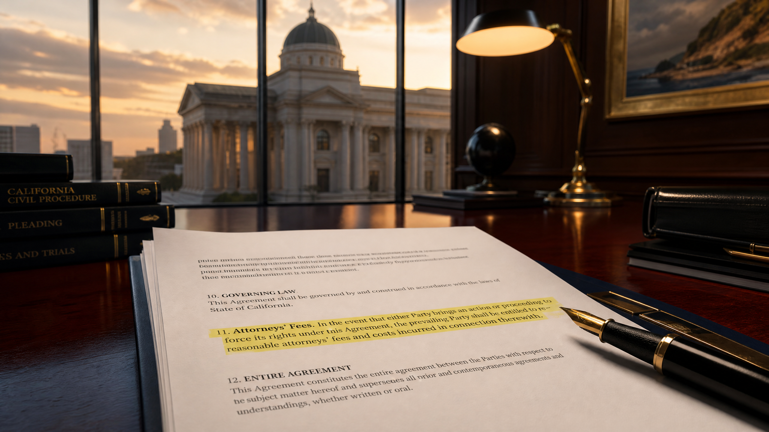 Contract with attorneys fees clause highlighted on mahogany desk with California courthouse in background