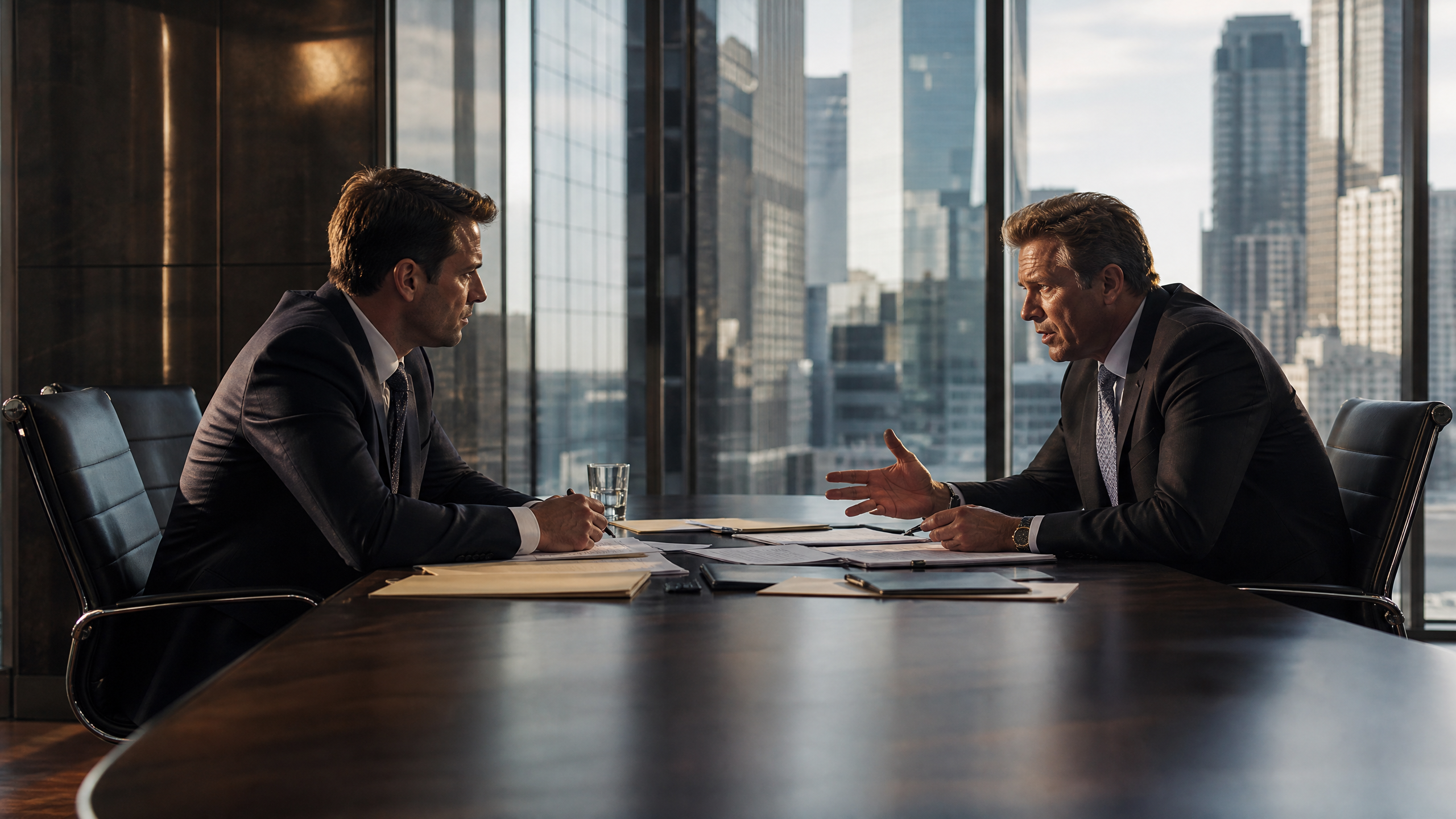 Corporate dispute between business partners in conference room