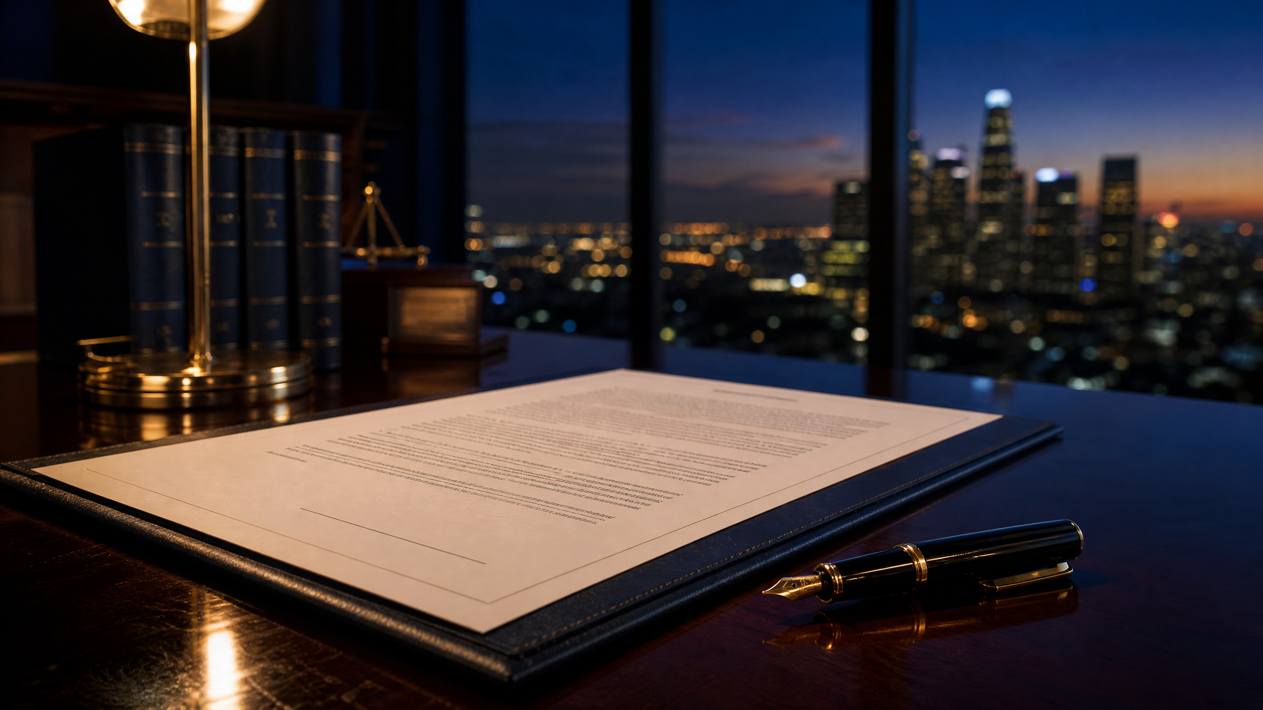 Unsigned contract on attorney desk with Los Angeles skyline at night
